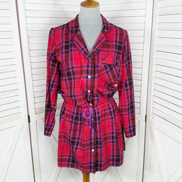 Victoria’s Secret Plaid Flannel Cinch Waist Sleep Nightshirt Red Pink Medium - Picture 1 of 13